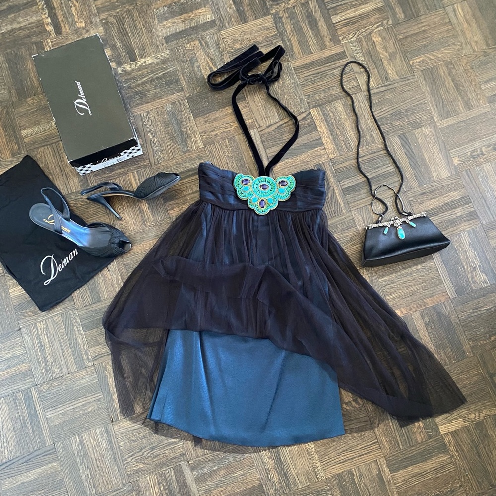 Andrew GN | Cocktail Empire Cut/Strapless Dress; Turquoise & Lapis Stones; Small - Picture 9 of 16